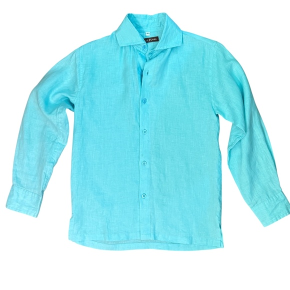100% linen aqua blue long sleeve collared shirt - Picture 8 of 8